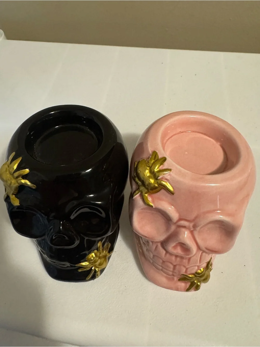 Halloween Set Of 2 Skulls w/ Spiders Candle Holders
